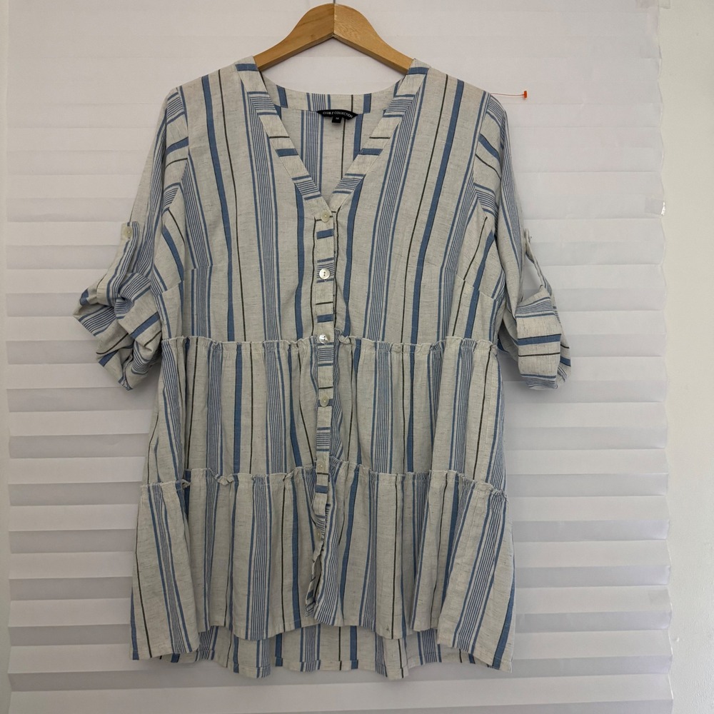 Club Z Collection Womens 1X Blue White Boho Linen Blend Tiered Tunic Top 069X
